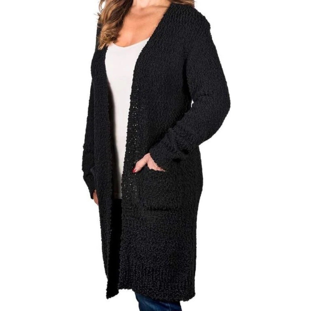 Modern Canvas Womens Sweater Large Open Front L/S Cardigan Cozy Popcorn Black